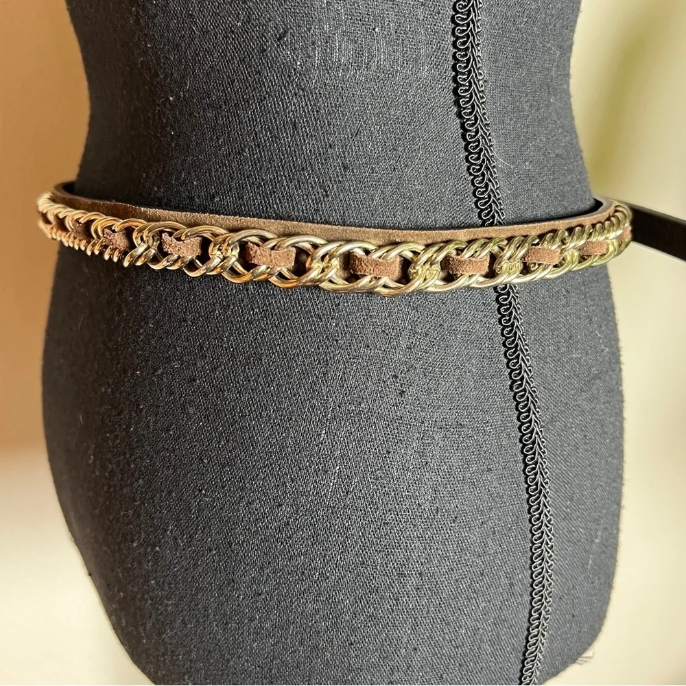 Women’s Dark Brown Suede Gold Chain Link Belt with Gold Tone Buckle Med/Large
